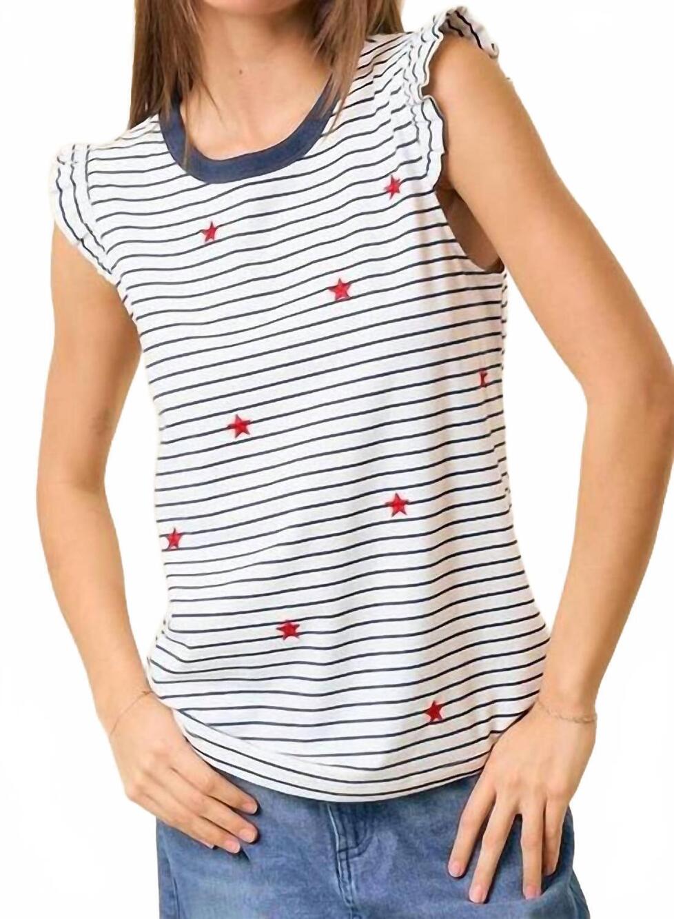 NEW DOE AND RAE ruffle star embroidered tank top in navy